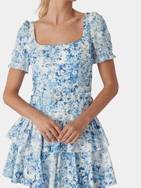 Generation Love Blue Floral Square-Neck Tiered Mini Dress with Decorative Belt